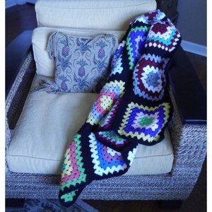 New Black Afghan Crochet Granny Square Blanket Quilt Handmade Throw Knee 43"x36"
